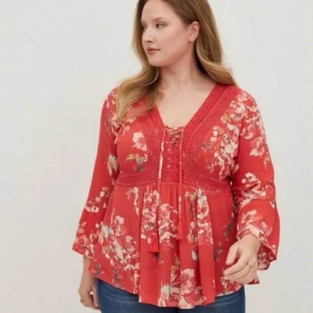 Torrid Babydoll Gauze Crochet Trim Lace-Up Top‎ size 2 (2x) 18-20